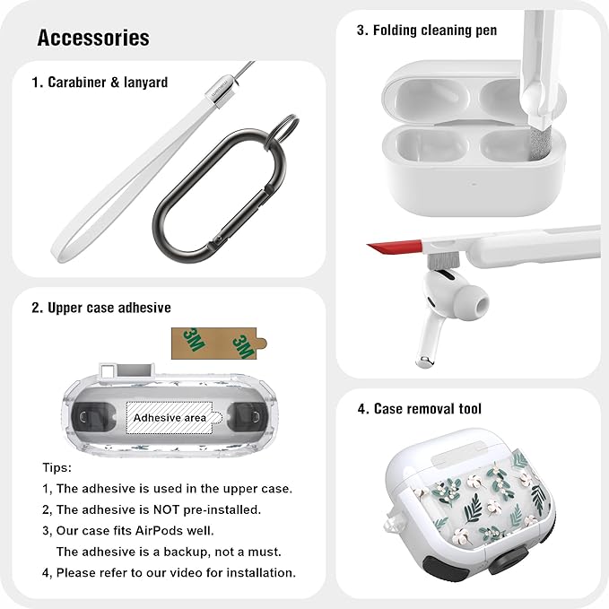 WENEW Case for AirPods 4th Case Cover Secure Lock Automatic Snap Switch Clip Cleaner Kit Lanyard Women Stylish Flower Armour Hard Shell Full Body Front LED Visible (Green Leaves, AirPods 4th)