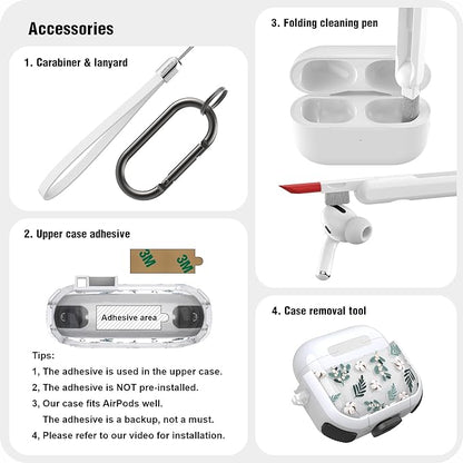 WENEW Case for AirPods 4th Case Cover Secure Lock Automatic Snap Switch Clip Cleaner Kit Lanyard Women Stylish Flower Armour Hard Shell Full Body Front LED Visible (Green Leaves, AirPods 4th)