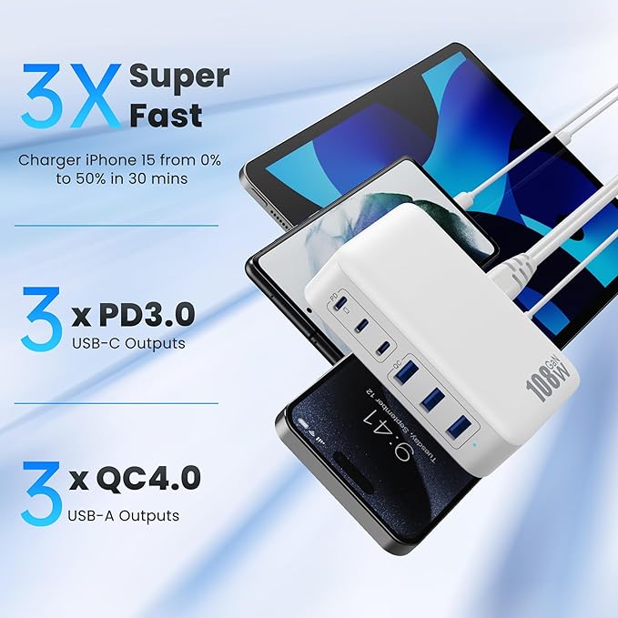 USB C Charger Block Charging Station,108W GaN III 6 Port 3xQC+3xPD Wall Charger Adapter Plug Cube,Super Fast Type C Charging Hub Box for iPhone 17 16 15 14 13 Pro Max iPad Samsung Pixel 5ft Cord-White