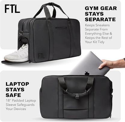 The FTL Pro Mens Travel Bag - 30L Premium Work to Gym Weekender Duffel with Garment Bag, Shoe Space & 18" Laptop Sleeve - Organized Athletic Business Carry On Hybrid, Fits Under Airplane Seat - Black
