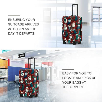 Christmas Luggage Cover - Allover Green Socks and White Snowmen Pattern on Dark Background, Stretchable Suitcase Protector for 28 30 Inch Travel Bags