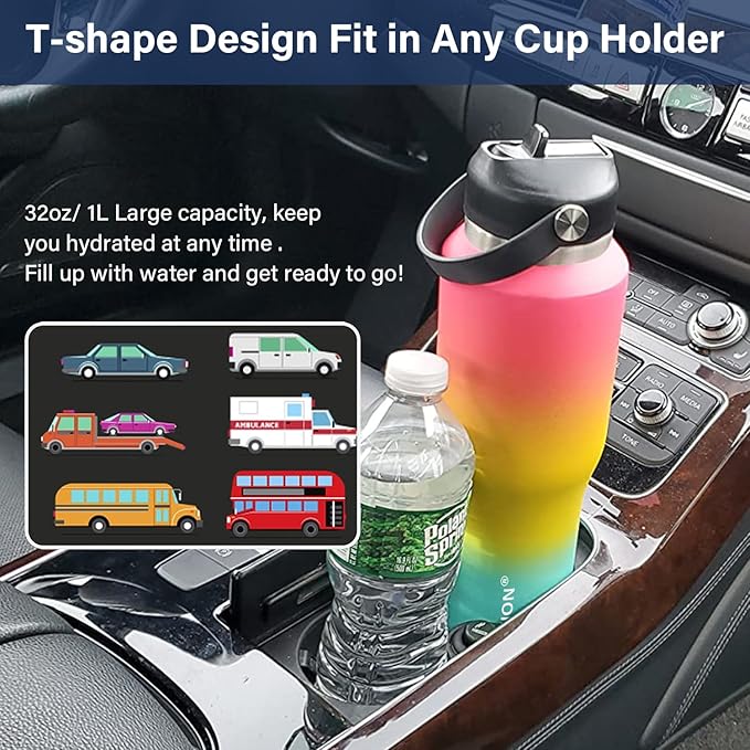 40 oz Insulated Water Bottle with Straw fit in Car Cup Holder(Cold 48 hrs, Hot 24 hrs) Drinking Bottle with Straw Lid, Spout Lid and Flex Cap Leakproof Travel Thermo Mug，Red - Yellow - Blue