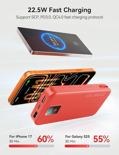 Portable Charger, 12000mAh 22.5W Fast Charging Power Bank with Built-in Cables & Wall Plug, Travel Essentials Battery Pack with LED Display, USB C External Battery Bank for iPhone iPad, Samsung Red