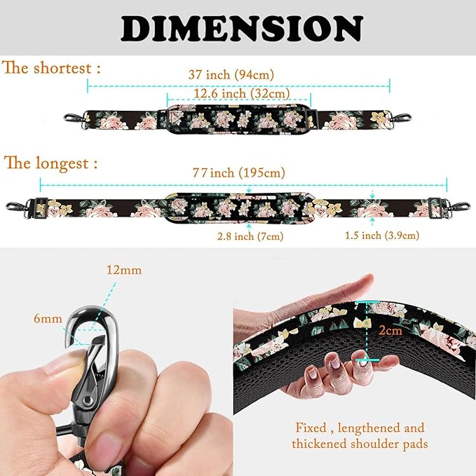 ZINZ 77 Inch Shoulder Strap Univesal Bag Strap with Fixed Pad Ultra Thick Plus Long & Breathable Cushion, Replacement Strap for Bags,Black Rose