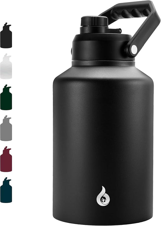 BJPKPK One Gallon(128 oz) Insulated Water Bottle, Dishwasher Safe Stainless Steel Jug, BPA Free Jug with Ergonomic Handle & Anti-slip Bottom, Large Water Bottle, Black
