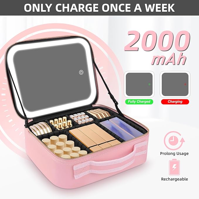 Makeup Case with Mirror and Lights, Travel Makeup Bag with Lighted Mirror, Make up Case with LED Mirror & Adjustable Dividers, Portable Cosmetic Organizer Bag Gift for Women(Pink)