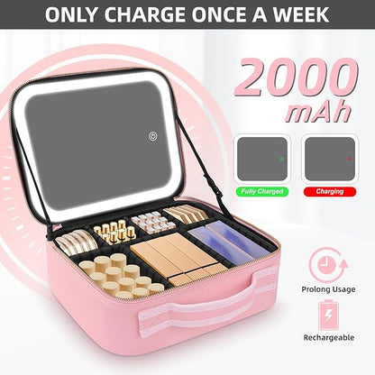 Makeup Case with Mirror and Lights, Travel Makeup Bag with Lighted Mirror, Make up Case with LED Mirror & Adjustable Dividers, Portable Cosmetic Organizer Bag Gift for Women(Pink)