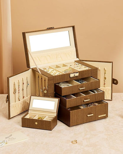 Homde 2 IN 1 Jewelry Box for Women Girls with Small Travel Case Mirror Necklace Ring Earrings Organizer - Christmas Gifts (Brown + Gold)