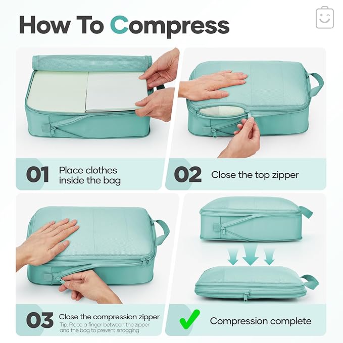 Veken 9/11 Set Compression Packing Cubes for Travel Essentials,Compressible Expandable Large Luggage Suitcase Organizer Bags for Clothing,Durable Space Saver Storage Bags(Blue Green)