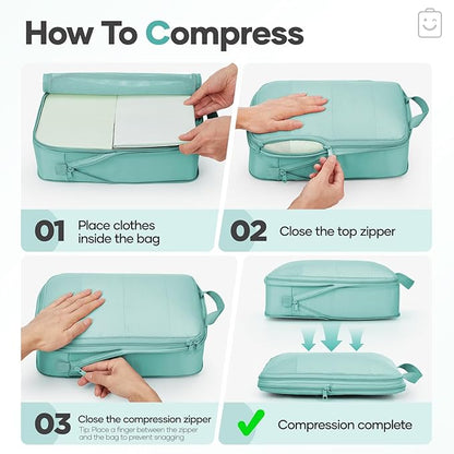 Veken 11 Set Compression Packing Cubes for Travel Essentials,Compressible Expandable Large Luggage Suitcase Organizer Bags for Clothing,Durable Space Saver Storage Bags with Toiletry Bags(Blue Green)