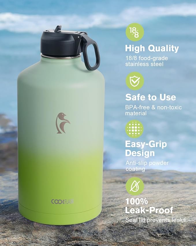 Coolflask 128 oz Gallon Water Bottle Insulated with Straw&3 Lids, Water Jug Large Stainless Steel Metal Vacuum Wide Mouth for Sports, Gym or Office, Non-BPA Keep Cold 48H Hot 24H, Ombre Green