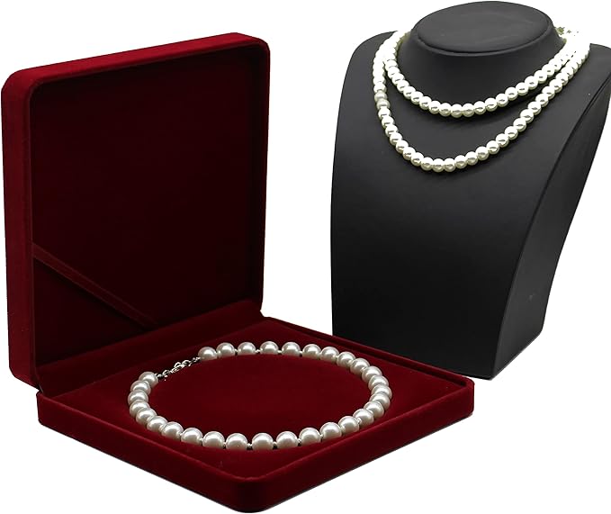 Jewelry Set Velvet Box Necklace Earring Ring Necklace Bracelet Gift Display Case Wedding Jewelry Storage Holder (Red for Pearl Necklace)