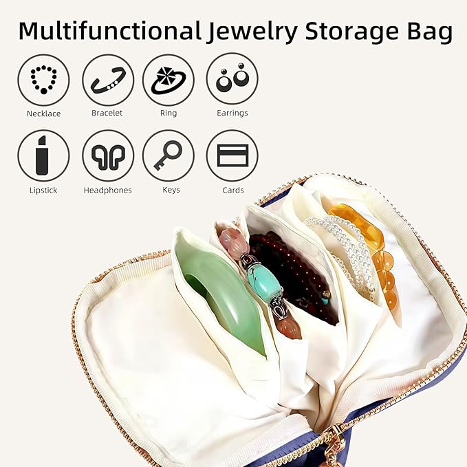 shunmei Small Travel Jewelry Case Mini Travel Jewelry Bag Portable Organizer Storage Pouch for Necklaces, Earrings, Rings, Bracelets, Crystal, Travel Accessory Gifts for Women Girls-Navy Blue