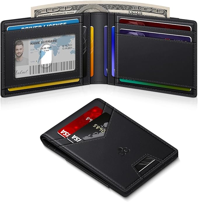 Wallet for Men Slim Leather Wallets for 13-17 Cards, RFID Blocking Thin Card Holder Wallet with ID Window & Large Capacity Cash Slot, Minimalist Bifold Small Wallet for Front Pocket, Gift for Men