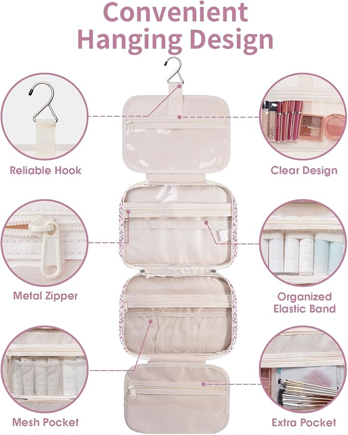 Narwey Travel Toiletry Bag for Women Large Hanging Makeup Bag Organizer Toiletries Bag for Full Size Essentials Accessories Cosmetics (Green Leaves and Flower (Large))