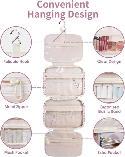 Narwey Travel Toiletry Bag for Women Large Hanging Makeup Bag Organizer Toiletries Bag for Full Size Essentials Accessories Cosmetics (Green Leaves and Flower (Large))