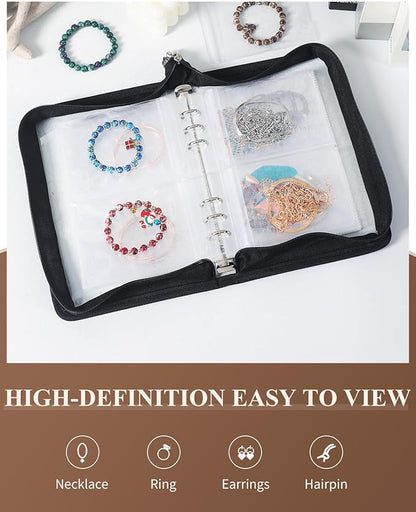 AOLEIXIYA Jewelry Organizer Book Clear Travel earring book organizer Transparent Jewelry Book with Zipper Pouch Bags (Black,With 48 PCS Large Jewelry Bags)