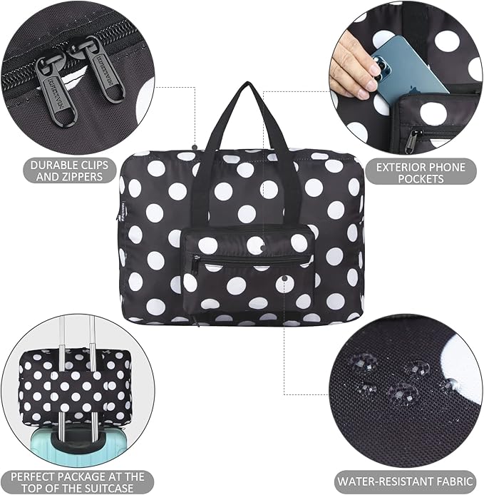 F.FETIVIN Weekender Bag Carry On Travel Duffle Medium Overnight Bag for Women(Black Dot)