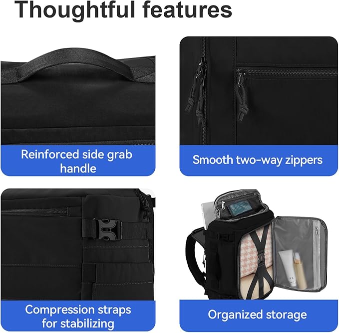 Carry On Travel Backpack Flight Approved Laptop Backpack Business Work Backpack for Women Men Large Capacity Casual Daypack with Wet/Dry Separation Pockets, Black