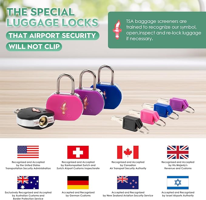 Lock for Luggage TSA Approved and 6 Tags, Luggage Lock with Key and Chrome Ring Around Body, Suit for Suitcase,Luggage,Backpack,Laptop Bag,Locker 6 Pack Color Mixed