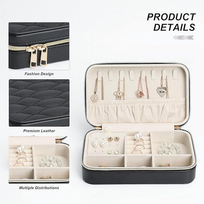 Women's Compact Jewelry Organizer PU Leather Travel Case with Secure Zipper and Soft Interior Perfect for Gifts or Personal Use Black