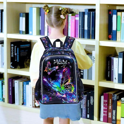 WZLVO 3PCS Butterfly Backpack for Girls, 16" Kids Preschool Bookbag with Lunch Box, Water Resistant School Bag for Elementary Kindergarten Toddler