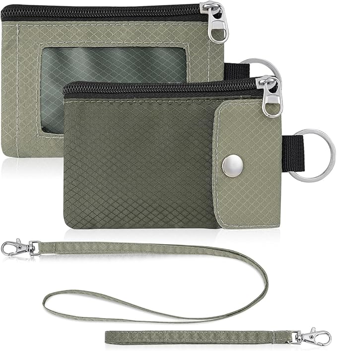 Minimalist Wallet For Mens Womens, Keychain RFID Blocking Zipper Small Wallet with ID Window 2 Lanyards,Water Resistant Travel Cash Card Coin Case Boys Girls
