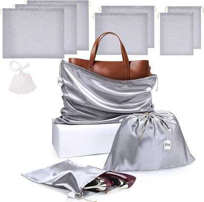 Ewen 7 Pack Small Medium Large Dustproof Satin Drawstring Bags Set, Dustproof Packing Bags with Blank Tags for Purse Organizer Home Organization Storage, Gray Dustbags for Handbag Travel Shoes Closet