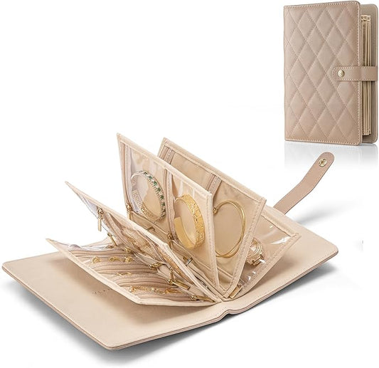 Vlando Travel Jewelry Organizer Case,Teacher Appreciation Gifts,Jewelry Storage Book Ring Binder with Clear Zipper Velvet Pouch Bag for Traveling,Rings,Necklace,Earrings,Bracelets,Brooches-Toffee