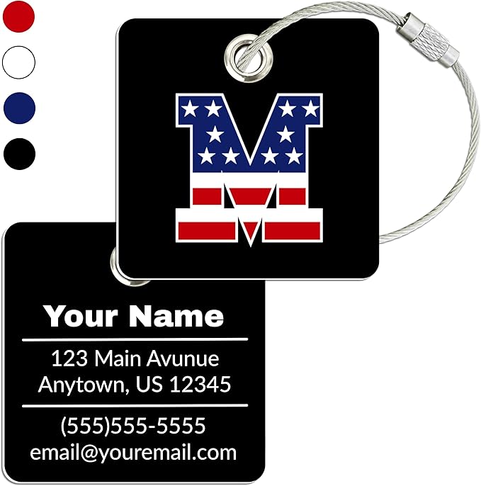 USA Initial Luggage Tag | 4 Pack | Personalized Luggage Tags for Suitcases | Choose Monogram Letter | Custom Fonts & Colors | Choose Tag Color