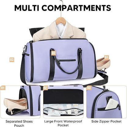 Garment Bag for Airplane Travel, Carry On Garment Duffle Bags for Women, 2 in 1 Travel Suit Bag with Shoes Compartment Carry on Bag Hanging Garment Bag Travel with Shoulder Strap,Purple