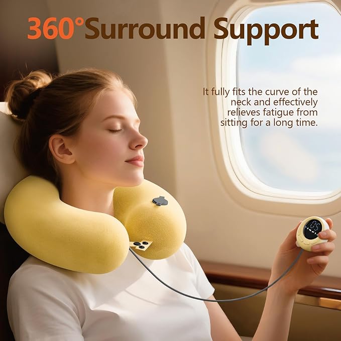 Inflatable Massage Travel Pillow – 6-Mode Adjustable Vibration, Soft Neck Support Cushion for Airplane, Car, Office & Home, Easy to Inflate & Carry