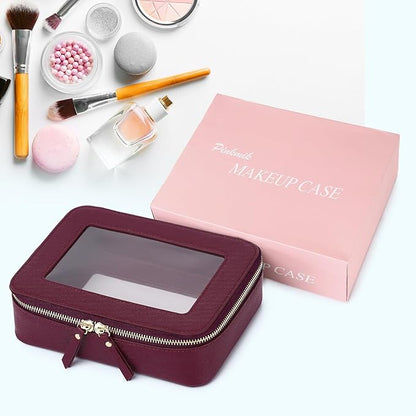 Pinkmik Clear Makeup Bag for Women Waterproof Travel Cosmetics and Toiletries Case Portable Makeup Oaganizer Bag Clear Car Bag with Zipper (X/Burgundy, M)