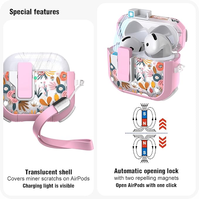 WENEW Case for AirPods 4th Case Cover Secure Lock Automatic Snap Switch Clip Cleaner Kit Lanyard Women Stylish Flower Armour Hard Shell Full Body Front LED Visible (Pink Flower, AirPods 4th)