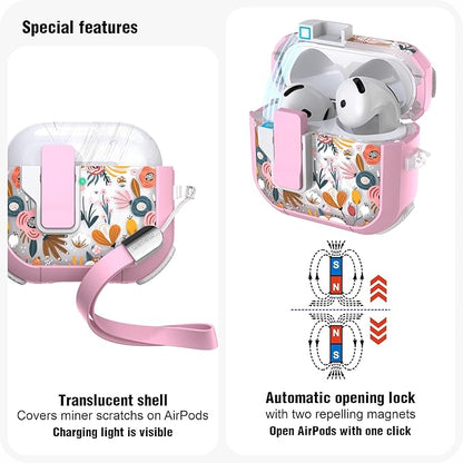 WENEW Case for AirPods 4th Case Cover Secure Lock Automatic Snap Switch Clip Cleaner Kit Lanyard Women Stylish Flower Armour Hard Shell Full Body Front LED Visible (Pink Flower, AirPods 4th)
