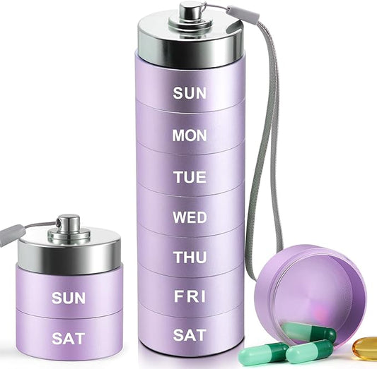 Large Weekly Pill Organizer, Metal Travel Pill Box, Portable Aluminum Alloy Waterproof Container, 7 Day Daily Medicine Organizer Holder for Vitamin, Fish Oil, Supplement, Purple