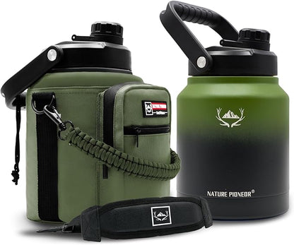 NATURE PIONEOR Insulated Water Bottles with Strap Pouch - 84 oz Stainless Steel Vacuum Bottle with Holder/Carrier/Sleeve - 18/8 Food Grade 84oz Water Jug