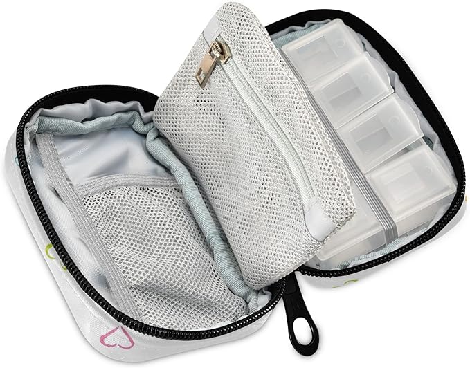 White Hearts Travel Pill Organizer Weekly Small Cute Pill Box 7 Day Pill Case Vitamin Holder Pill Bottle Organizer Vitamin