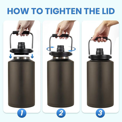 1 Gallon Water Jug Bottle Insulated, 128oz Stainless Steel Water Bottle Jug Wide Mouth Double Vacuum Dishwasher Safe BPA Free for Hot & Cold Drinks Dark Khaki