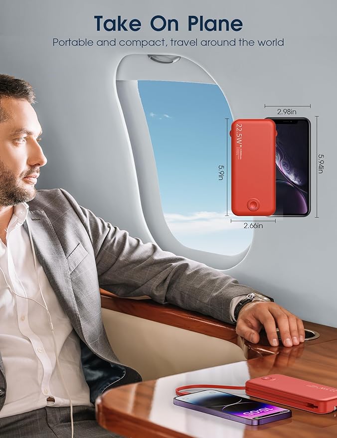 22.5W Super Fast Charging Portable Charger with Wall Plug,12000mAh USB-C Power Bank Built-in 2 Cable, Lightweight Phone Charger Travel Battery Pack for All iPhone, Samsung, Tablets