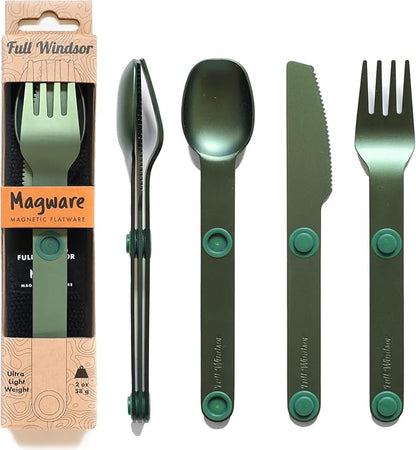 FULL WINDSOR - MAGWARE Magnetic Camping Cutlery Set - Travel Utensils for Camping, Cooking, and Outdoor Dining - Knife, Fork & Spoon - Portable Silverware with Pouch - Green (3 PCS)