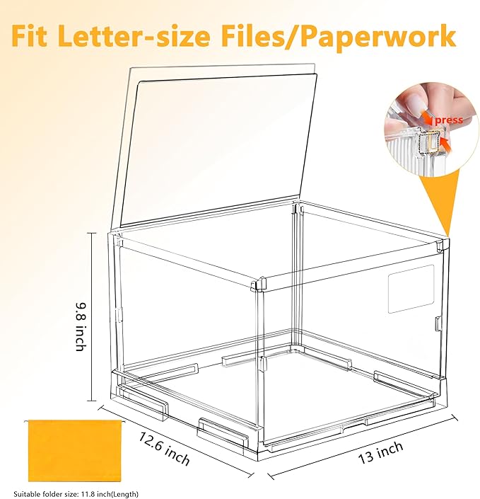 File Organizer Box with Lid,Hanging Filing Folder Organizer for Document Storage with Plastic Slide, Letter-size File Holder Filing Box for Office/Home/Decor/（1Pack）