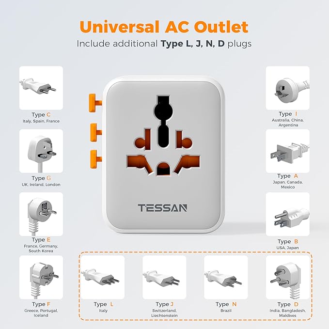 TESSAN Universal Travel Adapter, Power Adapter Worldwide with Extra 2 Prong AC Outlet, 4 USB Ports (2 USB C), International Plug Adaptor for US to Europe Italy UK Australia Ireland (Type C G A I)