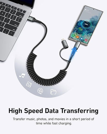 Coiled USB C to USB C and Lightning Cable 2 in 1, 3FT 2Pack Braided Cord Fast Charging Type C Car Charger for iPhone 17 16 15 14 13 12 11,iPad, Samsung Galaxy, Google Pixel, Moto, LG, TCL Phones