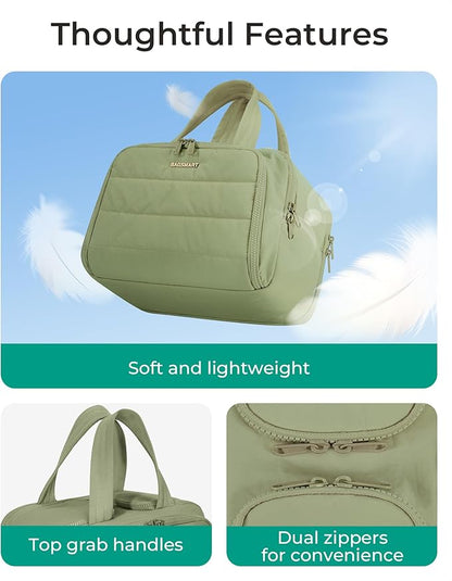 BAGSMART Travel Toiletry Bag, Lightweight Large Wide-open Travel Bag for Women, Puffy Cosmetic Makeup Bag Organizer with Handle for Accessories,Essentials, Toiletries, Green