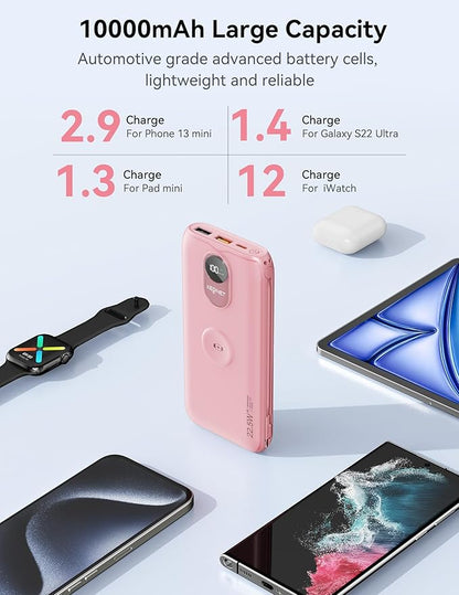 Portable Charger, 10000mAh 22.5W Fast Charging Power Bank with Built in Cable & Wall Plug, Travel Essential Battery Pack with LED Display, External Charger for iPhone, iWatch 11/10/9/8/Ultra/SE Pink