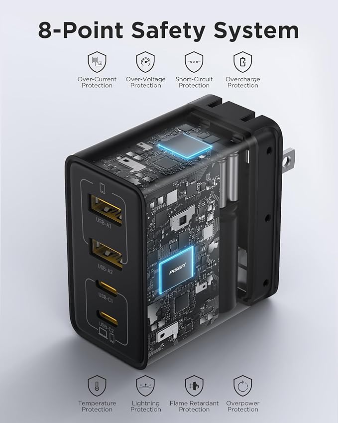 PISEN 65W USB C Charger - 4-Port GaN Fast Charging Block Type C Charger Fast Charging Wall Plugs with 4FT C to C Cable for MacBook Pro/Air, iPhone 16/15/14, iPad Pro, Galaxy S24, Pixel 8, Steam Deck