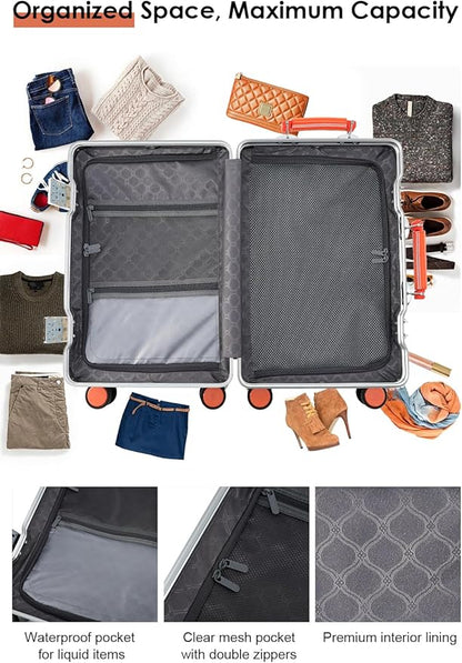24 Inch Hardside Checked Luggage with Leather Handle, PC Zipperless Suitcase with Spinner Wheels and TSA Locks, Lightweight Checked Luggage for Travel, Grey
