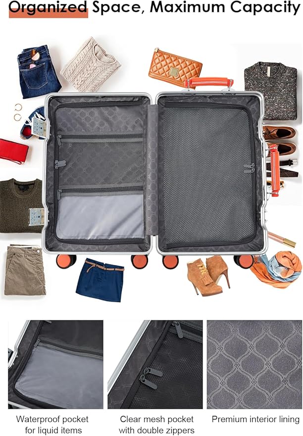 26 Inch Hardside Checked Luggage with Leather Handle, PC Zipperless Suitcase with Spinner Wheels and TSA Locks, Lightweight Checked Luggage for Travel, Grey