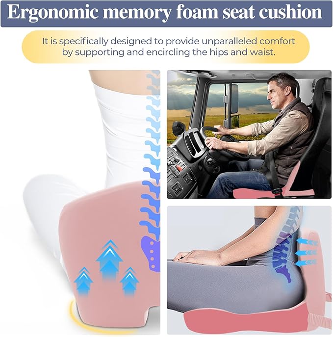 Memory Foam Seat Cushion for Sciatica & Back Pain Relief - Ergonomic Chair Pad with Adjustable Strap & Supportive Comfort Cover, Non-Slip for Car, Truck, Office Chair - Pink